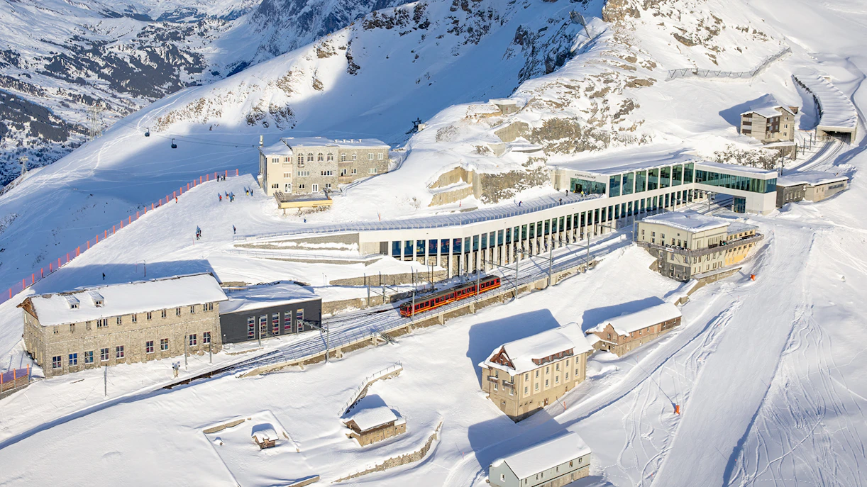 Jungfraujoch railway station and snowy landscape on a day trip from Zürich, Switzerland.