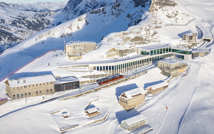 Jungfraujoch railway station and snowy landscape on a day trip from Zürich, Switzerland.