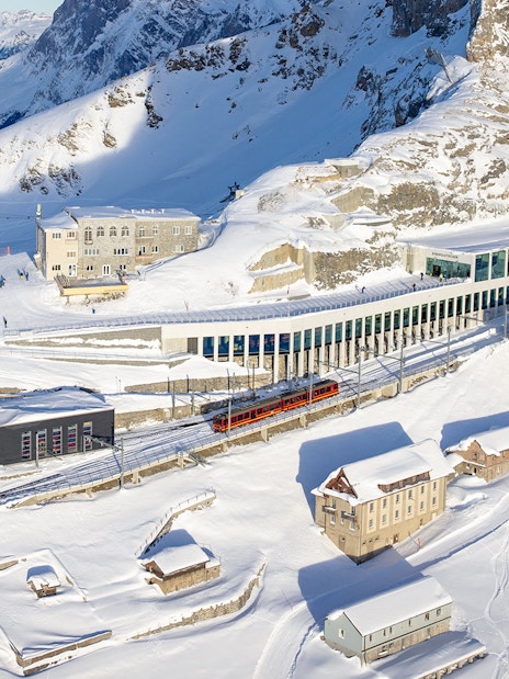 Jungfraujoch railway station and snowy landscape on a day trip from Zürich, Switzerland.
