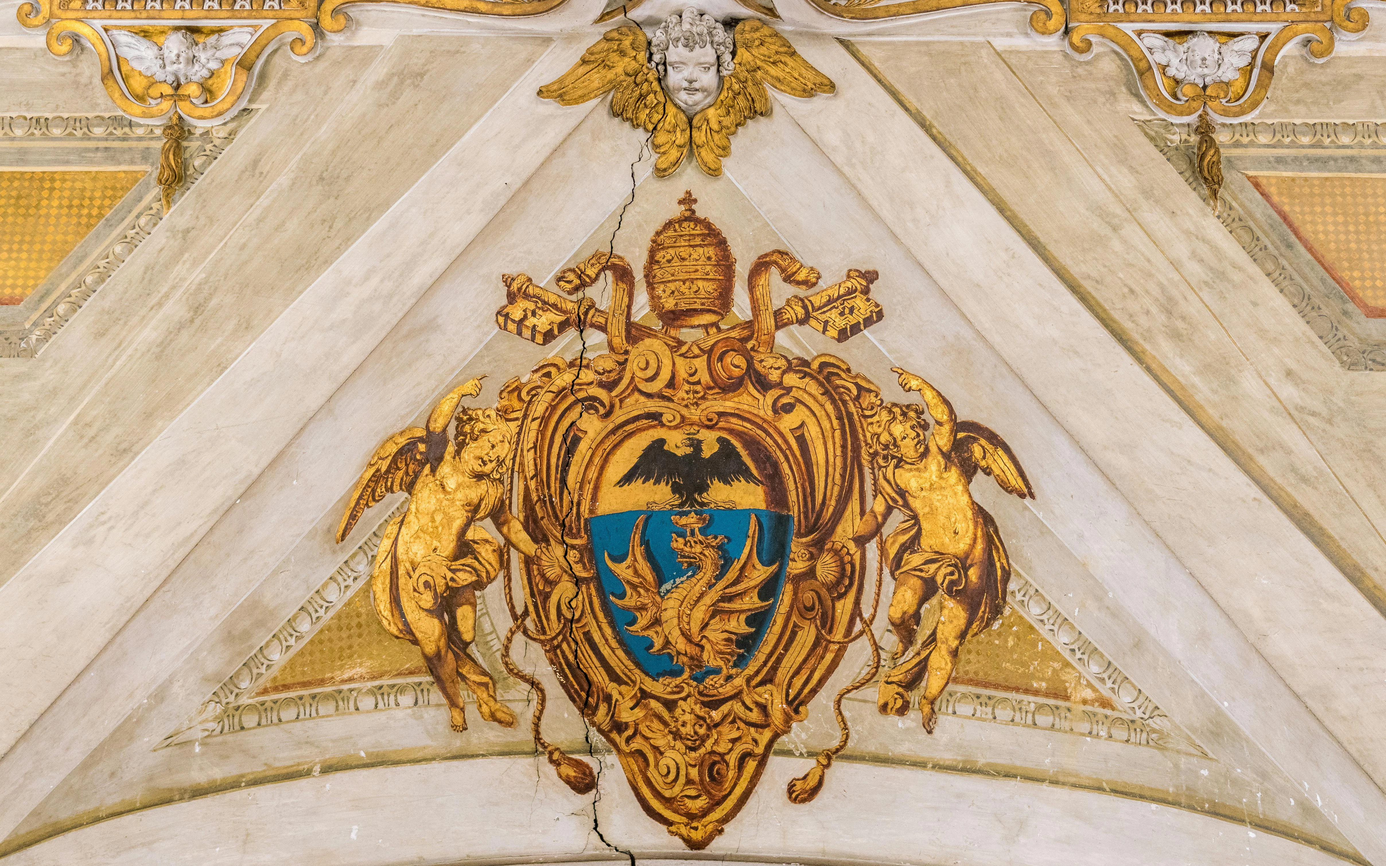 Pope Paul V coat of arms with cherubs in Basilica of Santa Maria Maggiore, Rome.