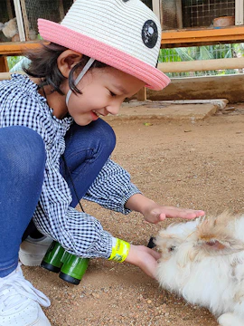 Child petting a rabbit at Melaka Crocodile & Recreational Park.