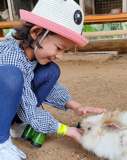 Child petting a rabbit at Melaka Crocodile & Recreational Park.