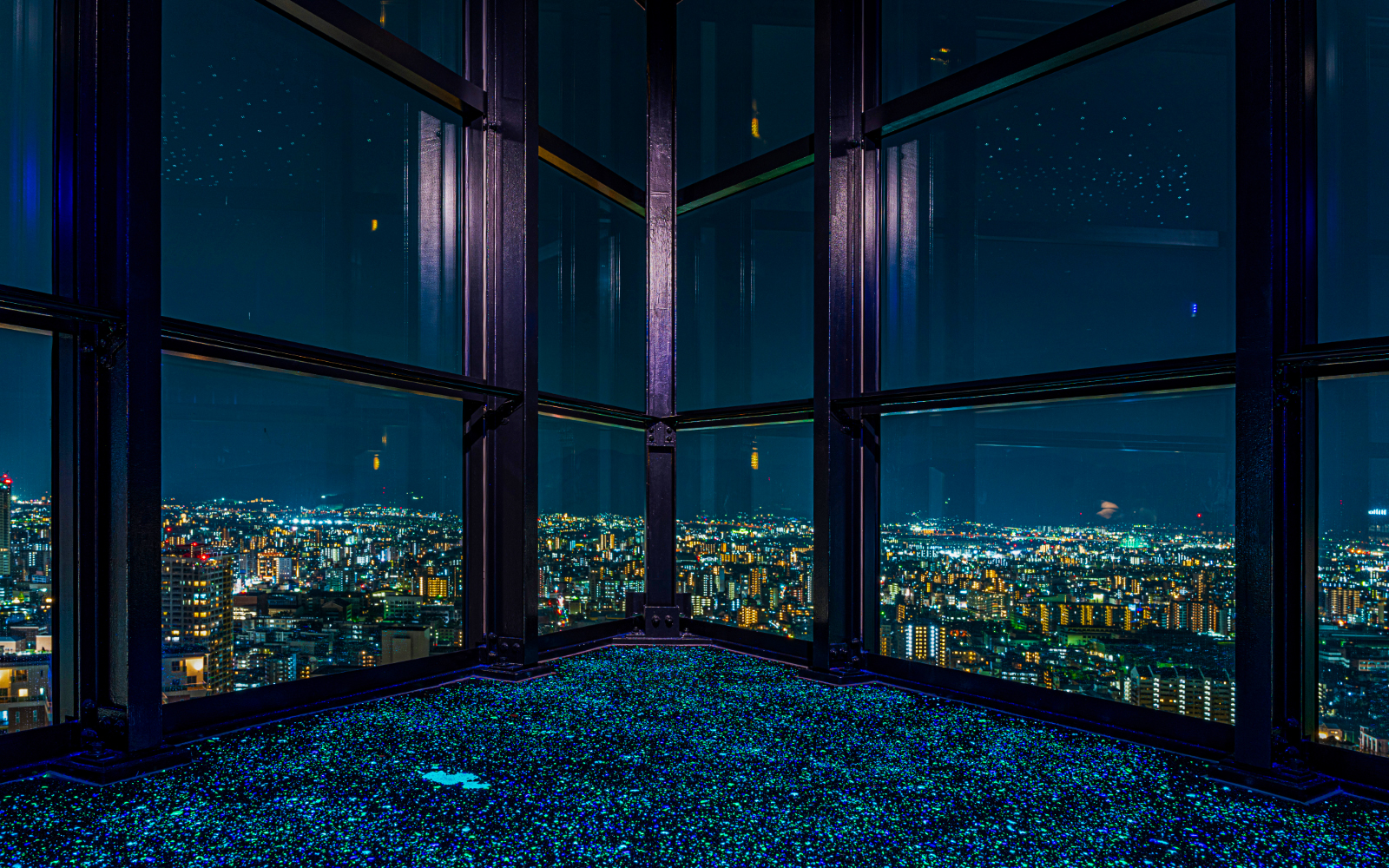 View of Fukuoka cityscape at night from Fukuoka Tower observation deck.