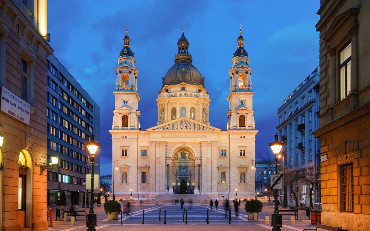 St. Stephen's Basilica exterior at dusk, Budapest, Hungary.