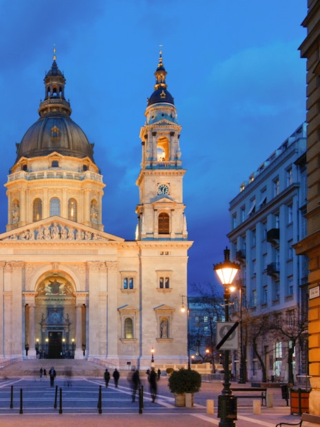 St. Stephen's Basilica exterior at dusk, Budapest, Hungary.
