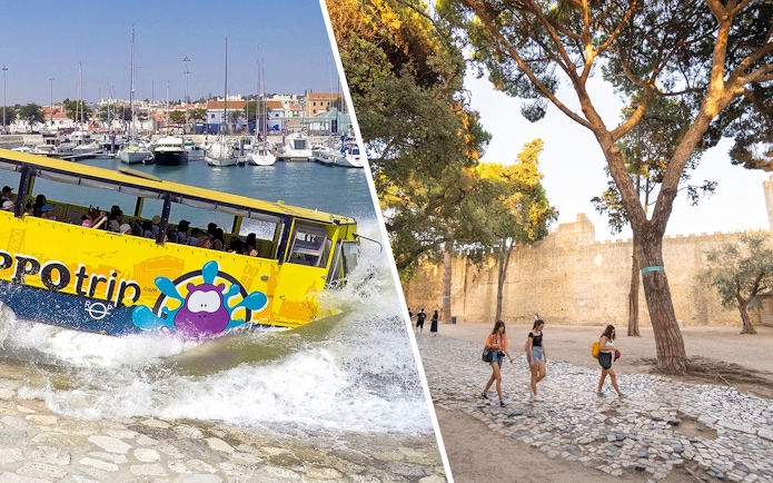Bus entering water at Lisbon marina during sightseeing tour.