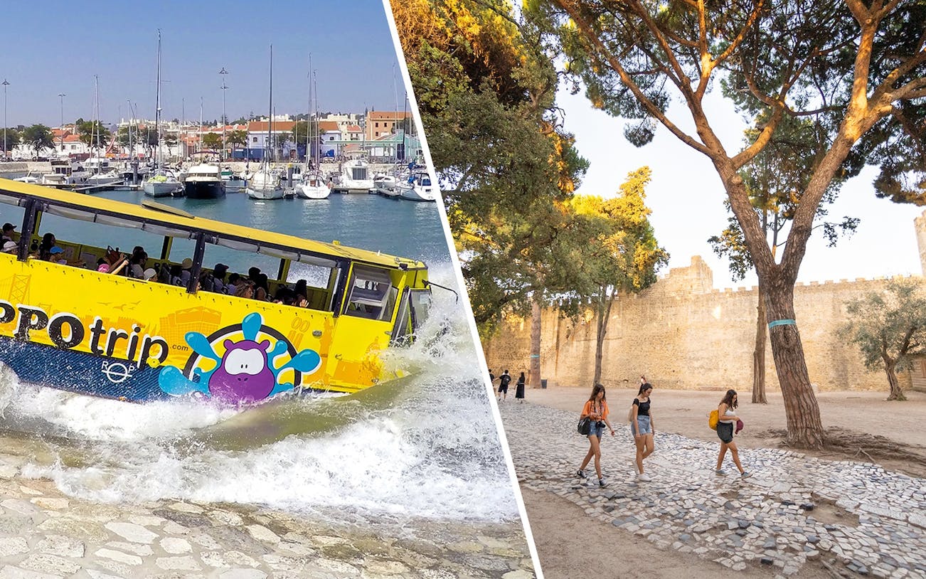 Bus entering water at Lisbon marina during sightseeing tour.
