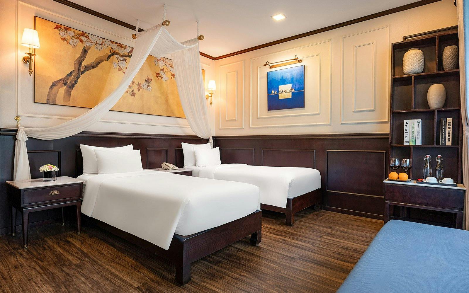 Junior Suite with twin beds and elegant decor on Amanda Luxury Cruise.