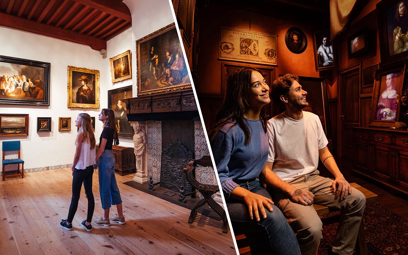 Visitors exploring art at Rembrandt House Museum and Rembrandts Amsterdam Experience.
