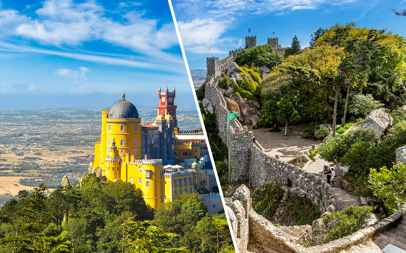Pena Palace and Moorish Castle in Sintra, Portugal, with lush gardens and historic architecture.