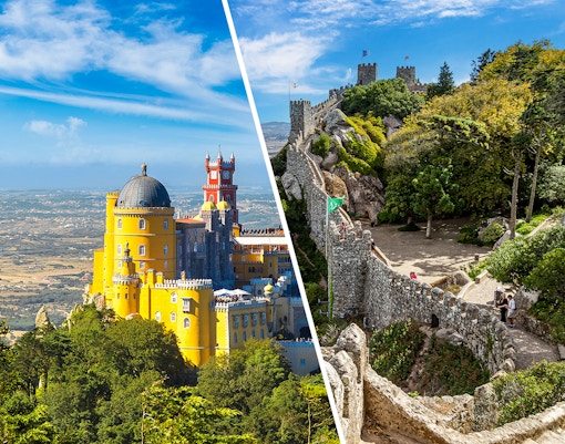 Pena Palace and Moorish Castle in Sintra, Portugal, with lush gardens and historic architecture.