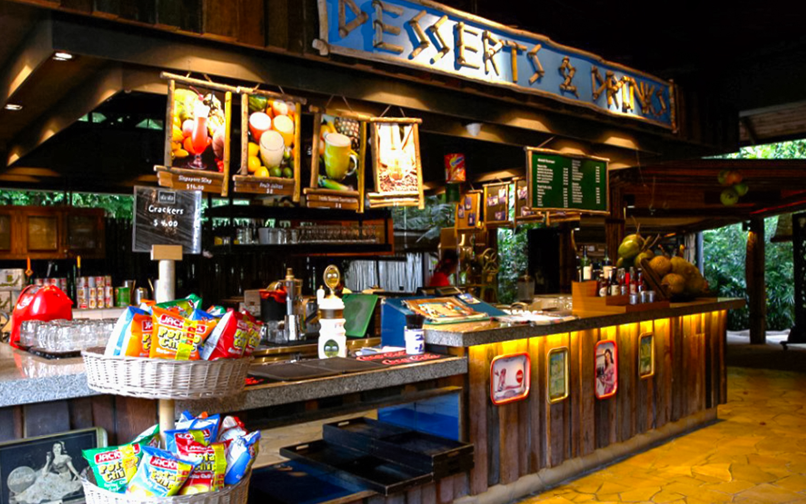 Ulu Ulu Night Safari dining area with snack and drink displays.