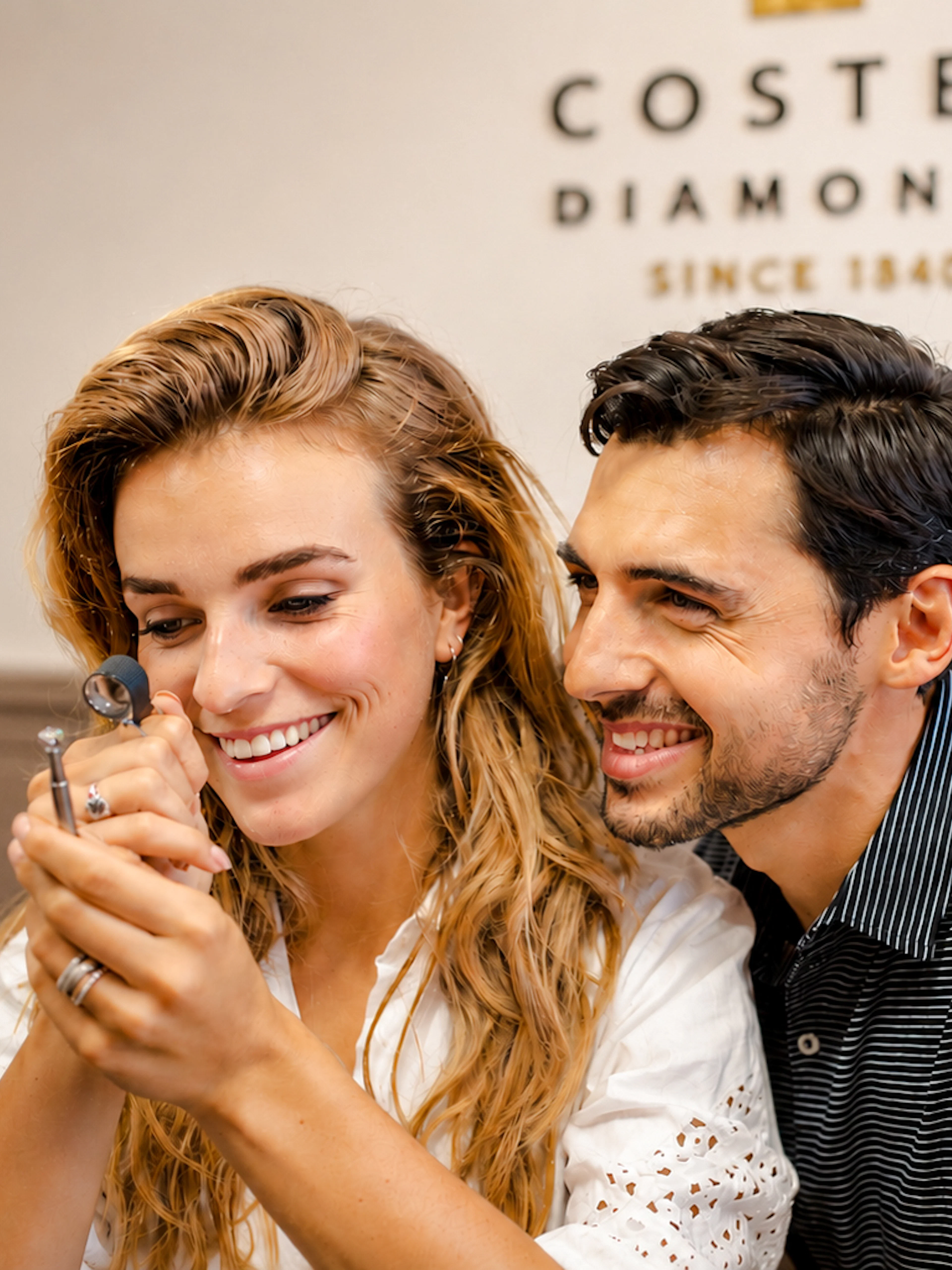 Couple examining diamond at Coster Diamonds, Amsterdam.