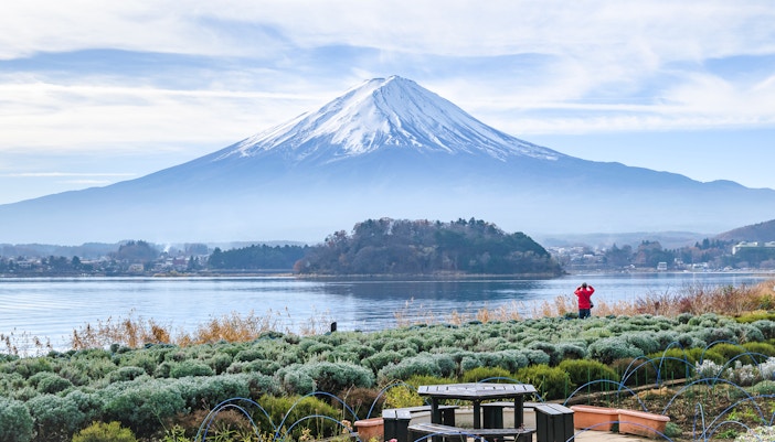 Visitor photographing Mt. Fuji from Oishi Park with Lake Kawaguchi in the foreground.