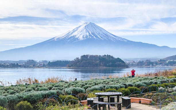 Visitor photographing Mt. Fuji from Oishi Park with Lake Kawaguchi in the foreground.