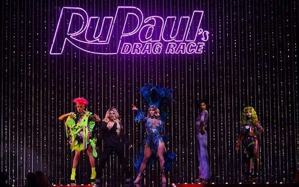 Drag performers on stage at RuPaul's Drag Race LIVE! show in Las Vegas.