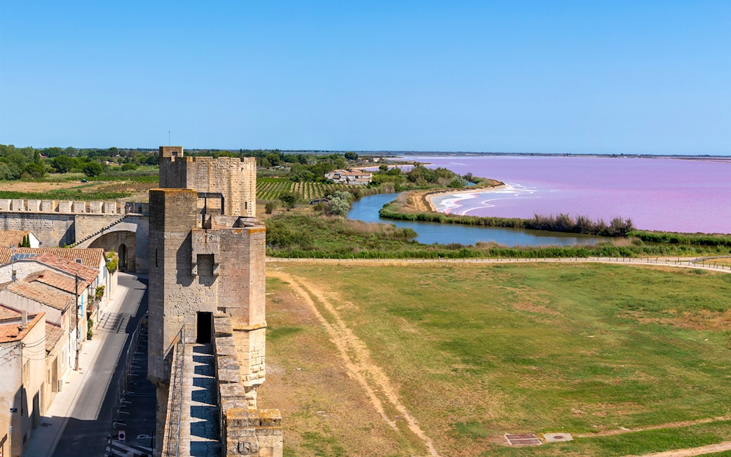 Towers and ramparts of Aigues-Mortes overlooking pink salt marshes.