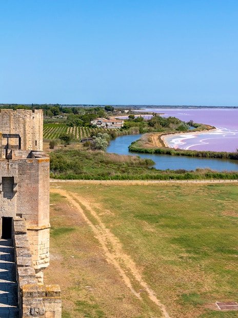 Towers and ramparts of Aigues-Mortes overlooking pink salt marshes.