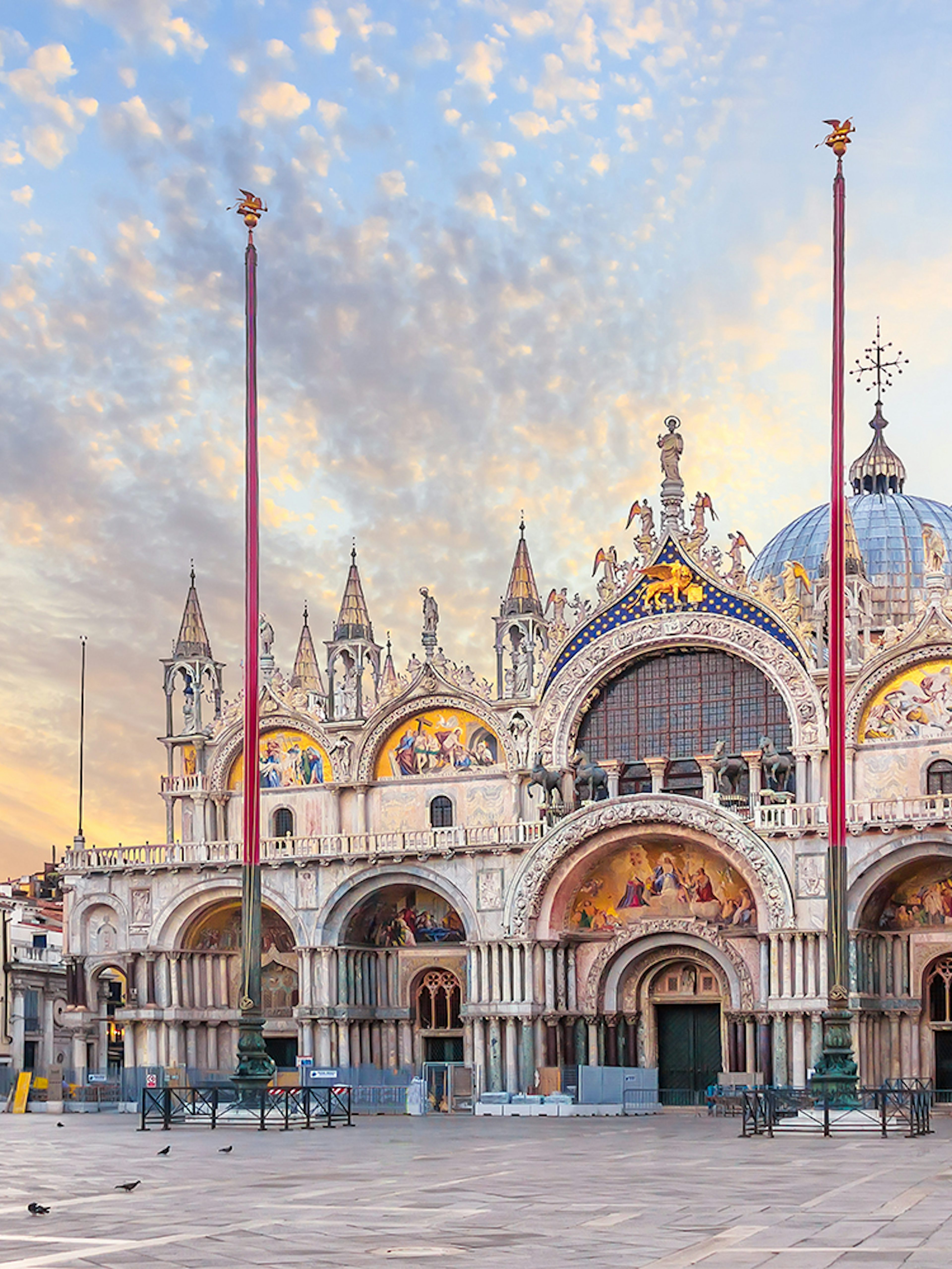 St. Mark's Basilica facade at sunrise in Venice, Italy.