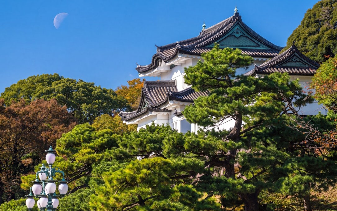 Tokyo Imperial Palace with traditional architecture and surrounding trees under a clear sky.
