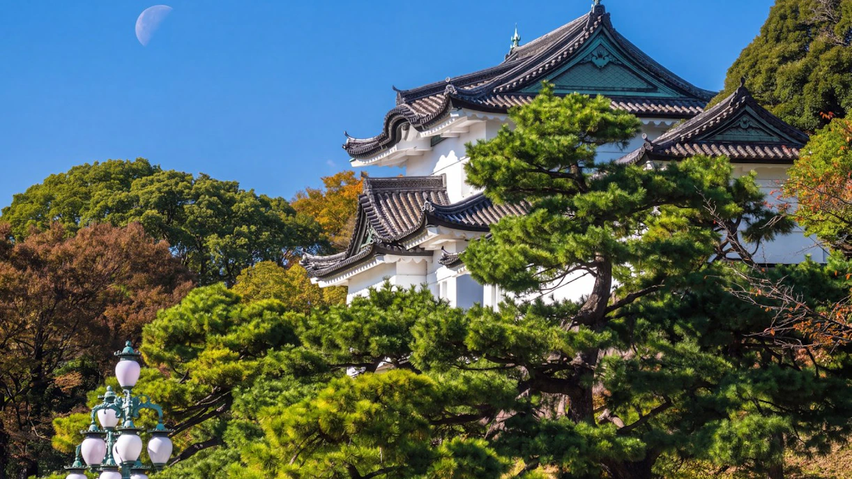 Tokyo Imperial Palace with traditional architecture and surrounding trees under a clear sky.