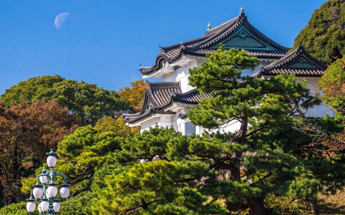 Tokyo Imperial Palace with traditional architecture and surrounding trees under a clear sky.
