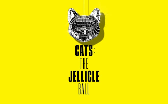 Disco ball shaped like a cat's head with "CATS: The Jellicle Ball" text on yellow background.