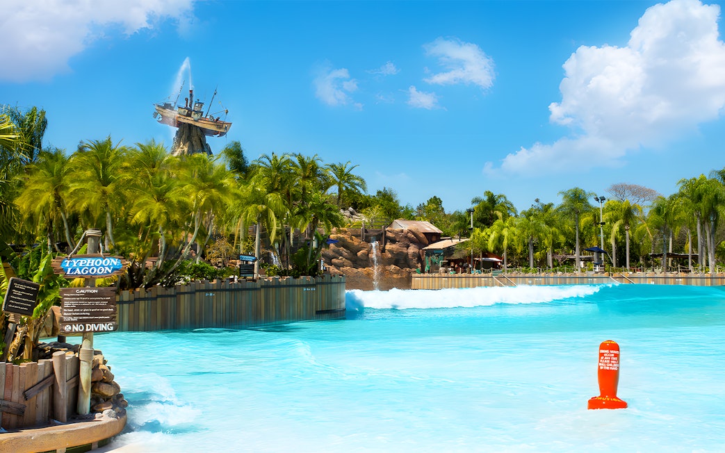 Typhoon Lagoon wave pool with shipwreck feature at Walt Disney World Resort, Orlando.