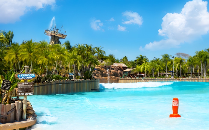 Typhoon Lagoon wave pool with shipwreck feature at Walt Disney World Resort, Orlando.