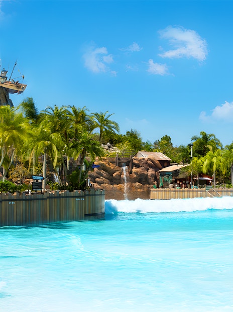 Typhoon Lagoon wave pool with shipwreck feature at Walt Disney World Resort, Orlando.