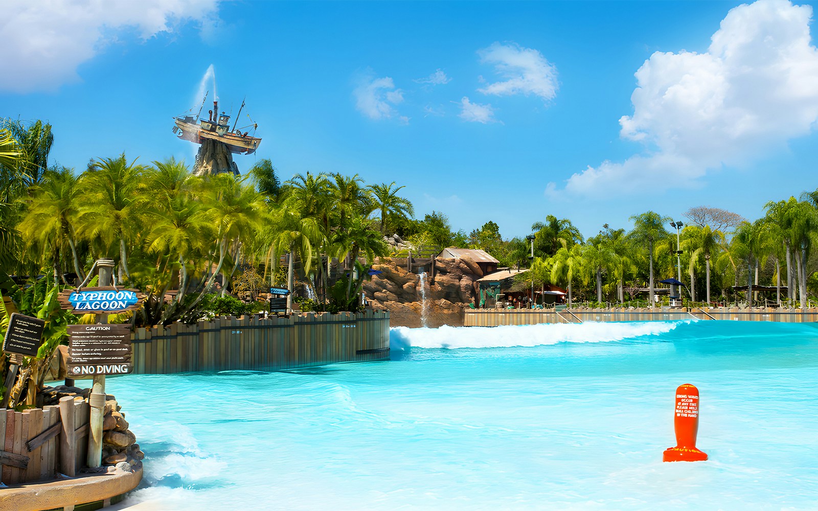 Typhoon Lagoon wave pool with shipwreck feature at Walt Disney World Resort, Orlando.