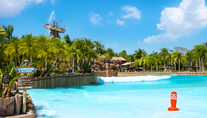 Typhoon Lagoon wave pool with shipwreck feature at Walt Disney World Resort, Orlando.