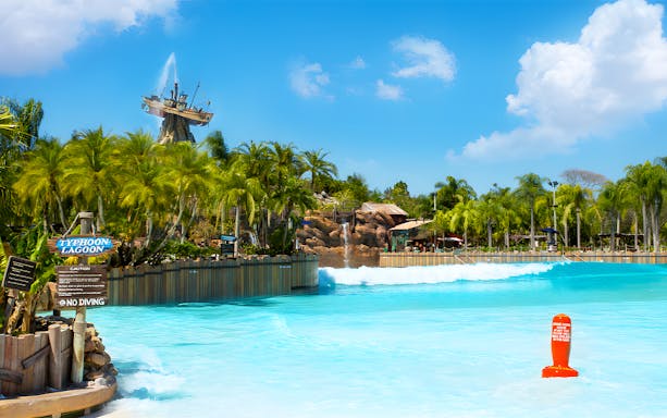 Typhoon Lagoon wave pool with shipwreck feature at Walt Disney World Resort, Orlando.
