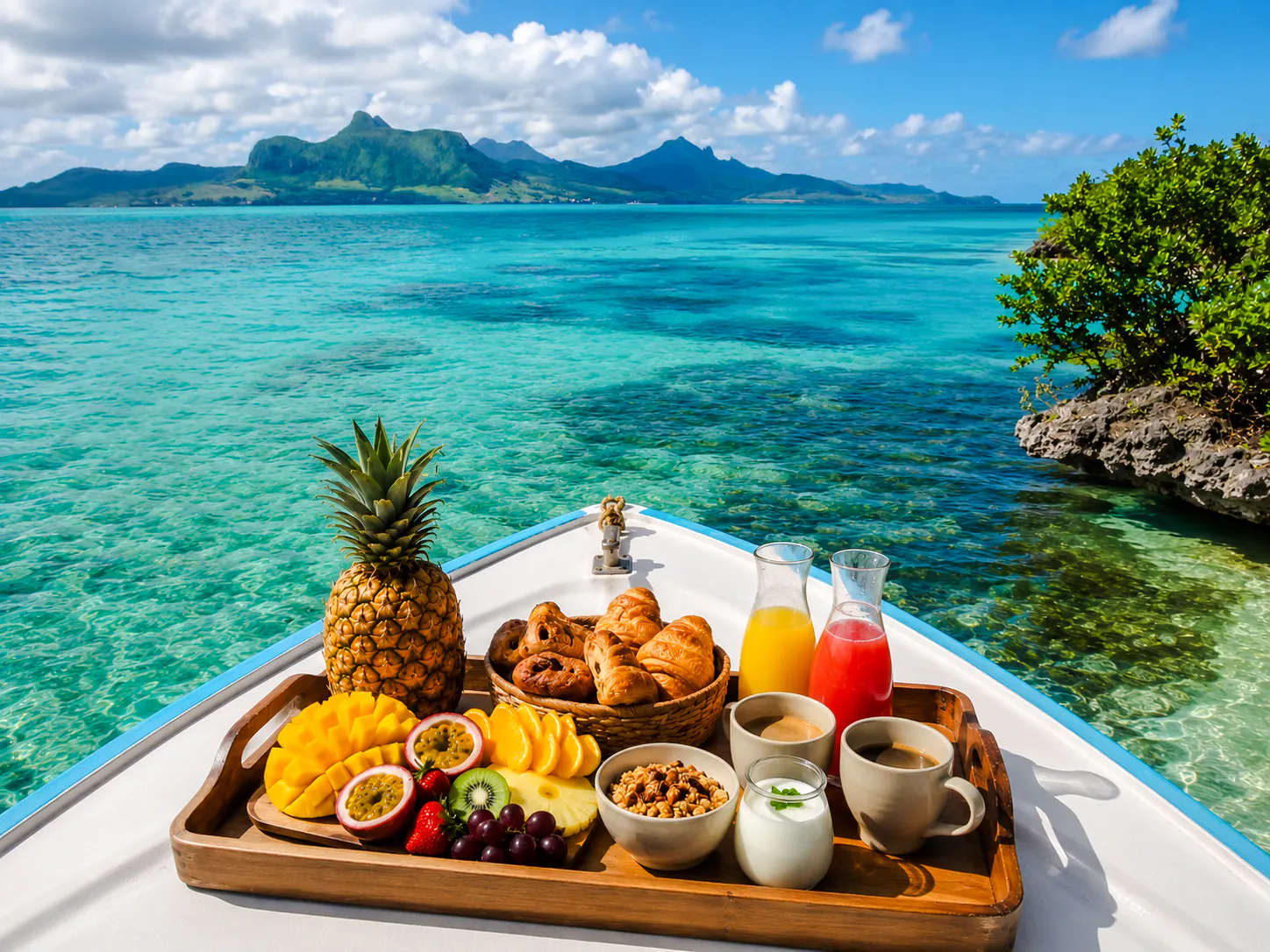 Brunch spread on a boat with tropical fruits and drinks, Mahebourg lagoon, Mauritius.