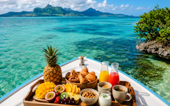 Brunch spread on a boat with tropical fruits and drinks, Mahebourg lagoon, Mauritius.