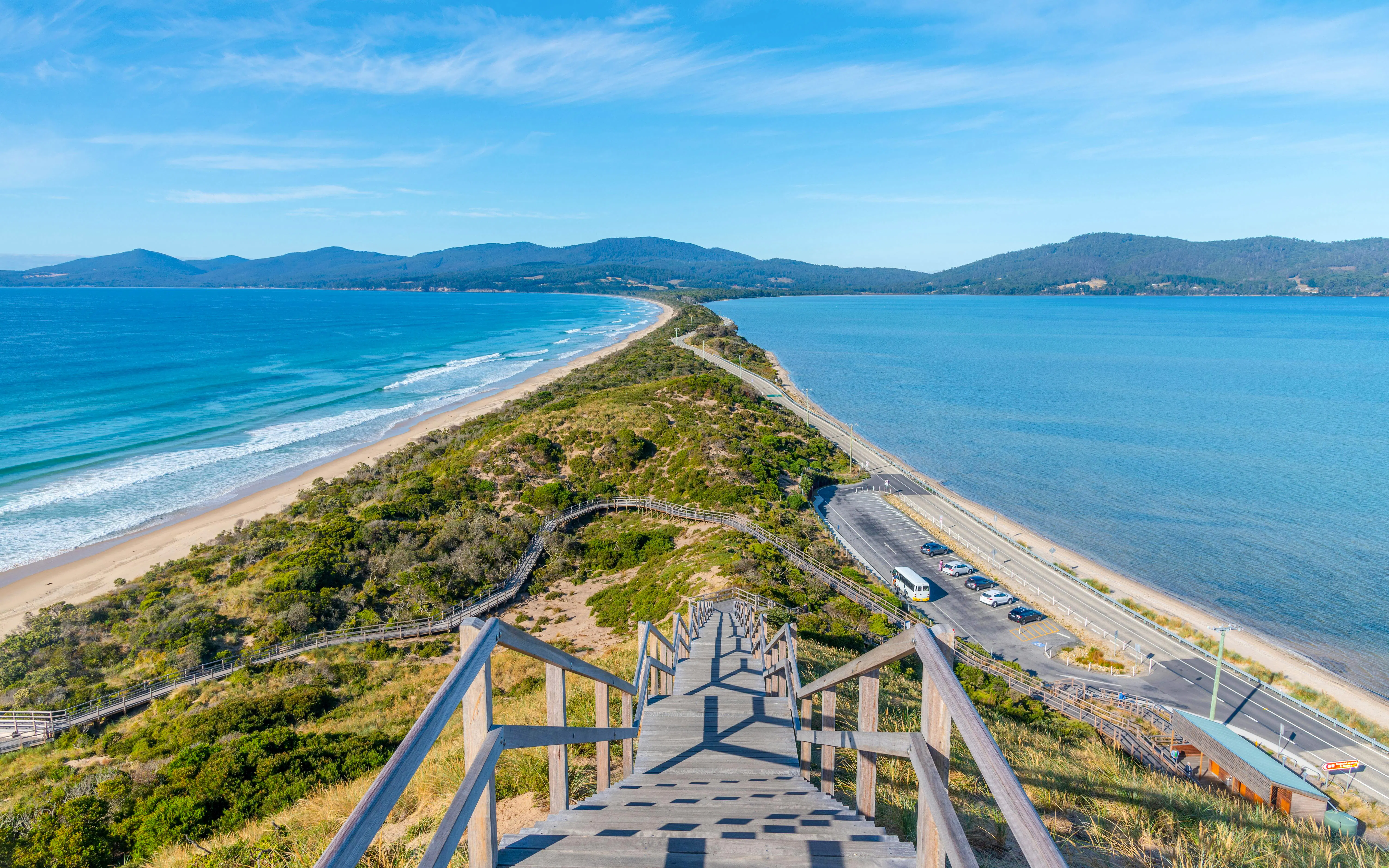 Bruny Island Neck view with ocean and beach in Tasmania, Australia.