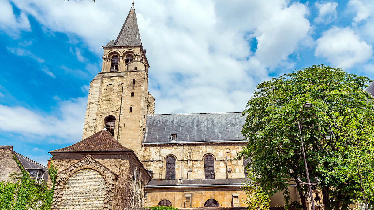 Saint-Germain-des-Prés Abbey tower in Paris on a sunny day.