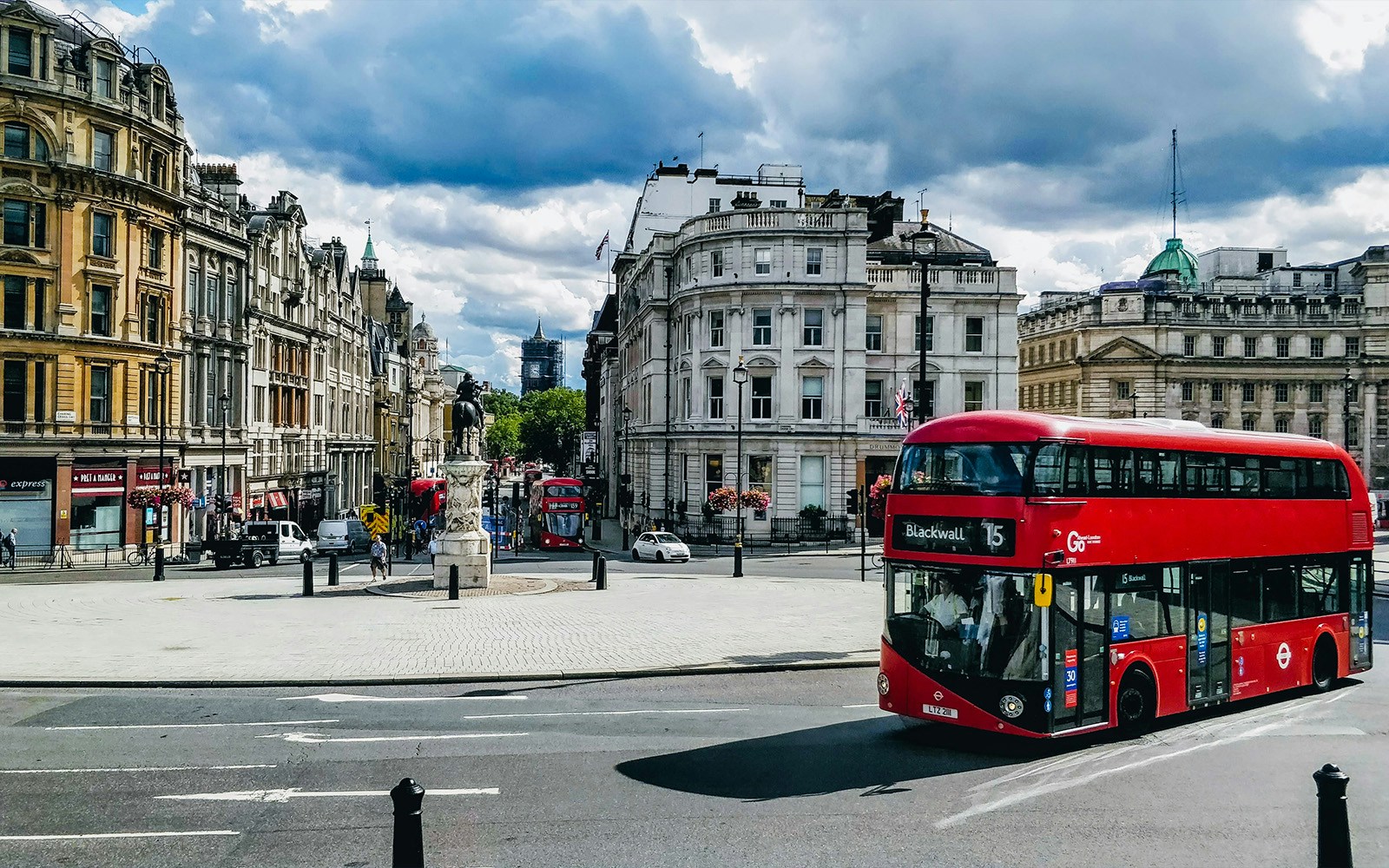 Trafalgar Square with Nelson's Column and fountains in London, England.