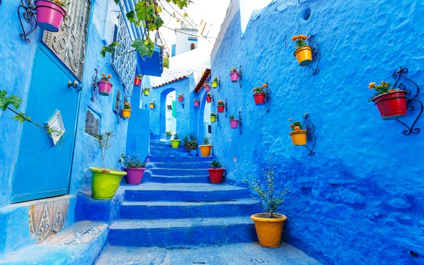 Chefchaouen blue-washed buildings and narrow streets on a full-day trip from Fez.
