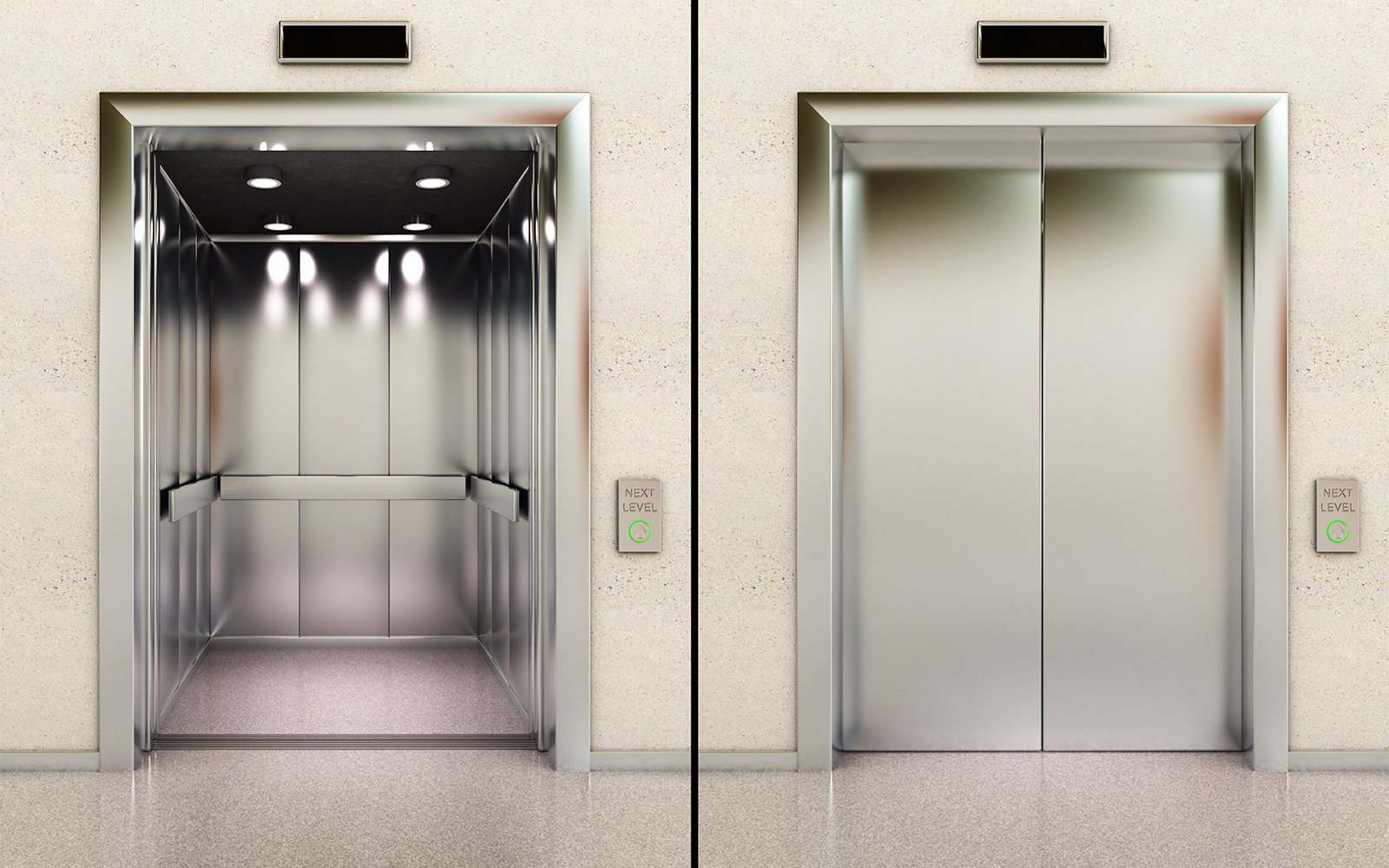 Berlin TV Tower elevator interior and closed doors with next level button.