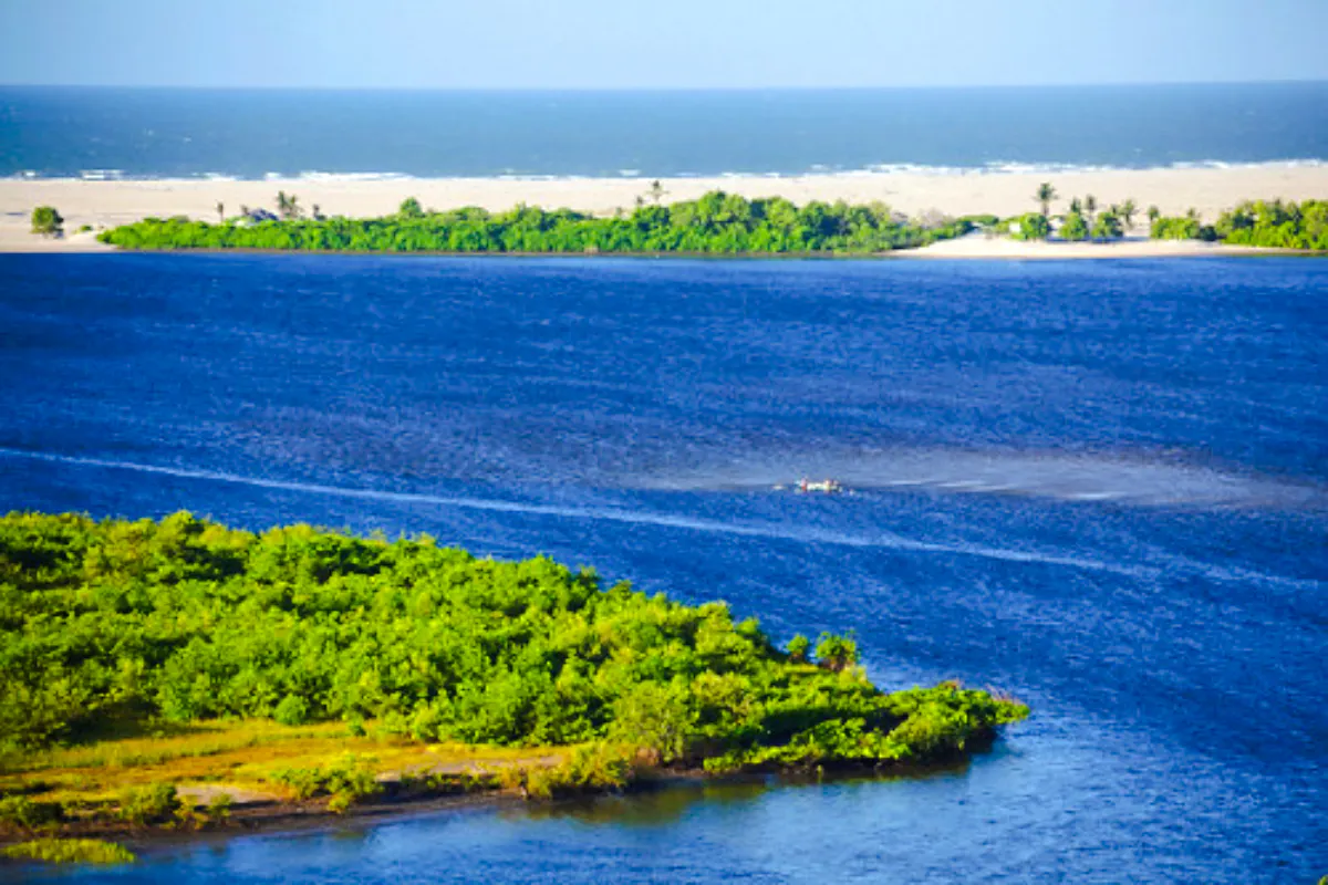 Speedboat on Preguiças River near lush greenery and sandy shores, Sao Paulo.