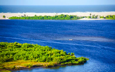 Speedboat on Preguiças River near lush greenery and sandy shores, Sao Paulo.