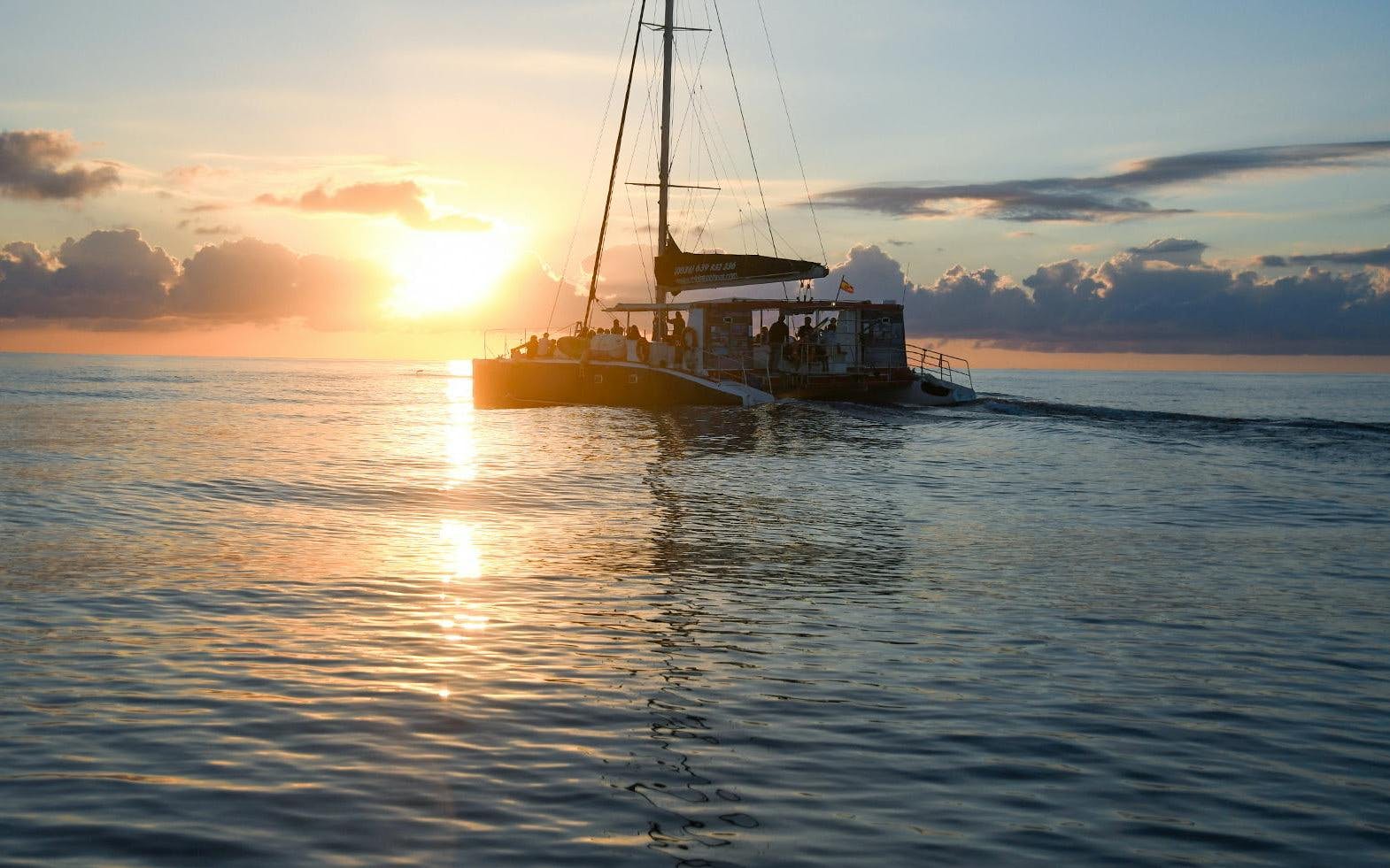 Catamaran sailing at sunrise in Mallorca for dolphin watching.