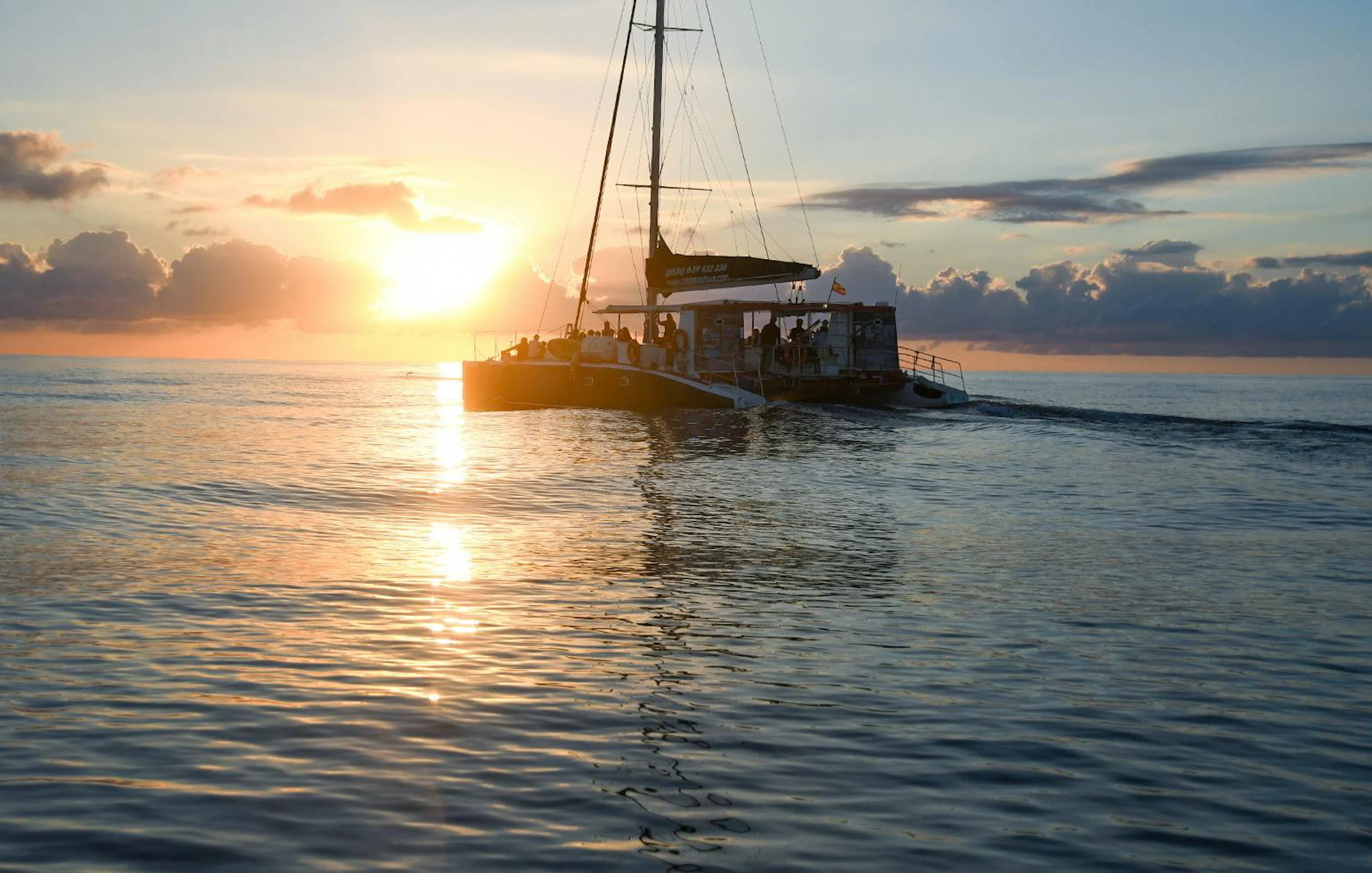 Catamaran sailing at sunrise in Mallorca for dolphin watching.