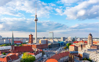 Berlin skyline with TV Tower and historic buildings in the Jewish District.