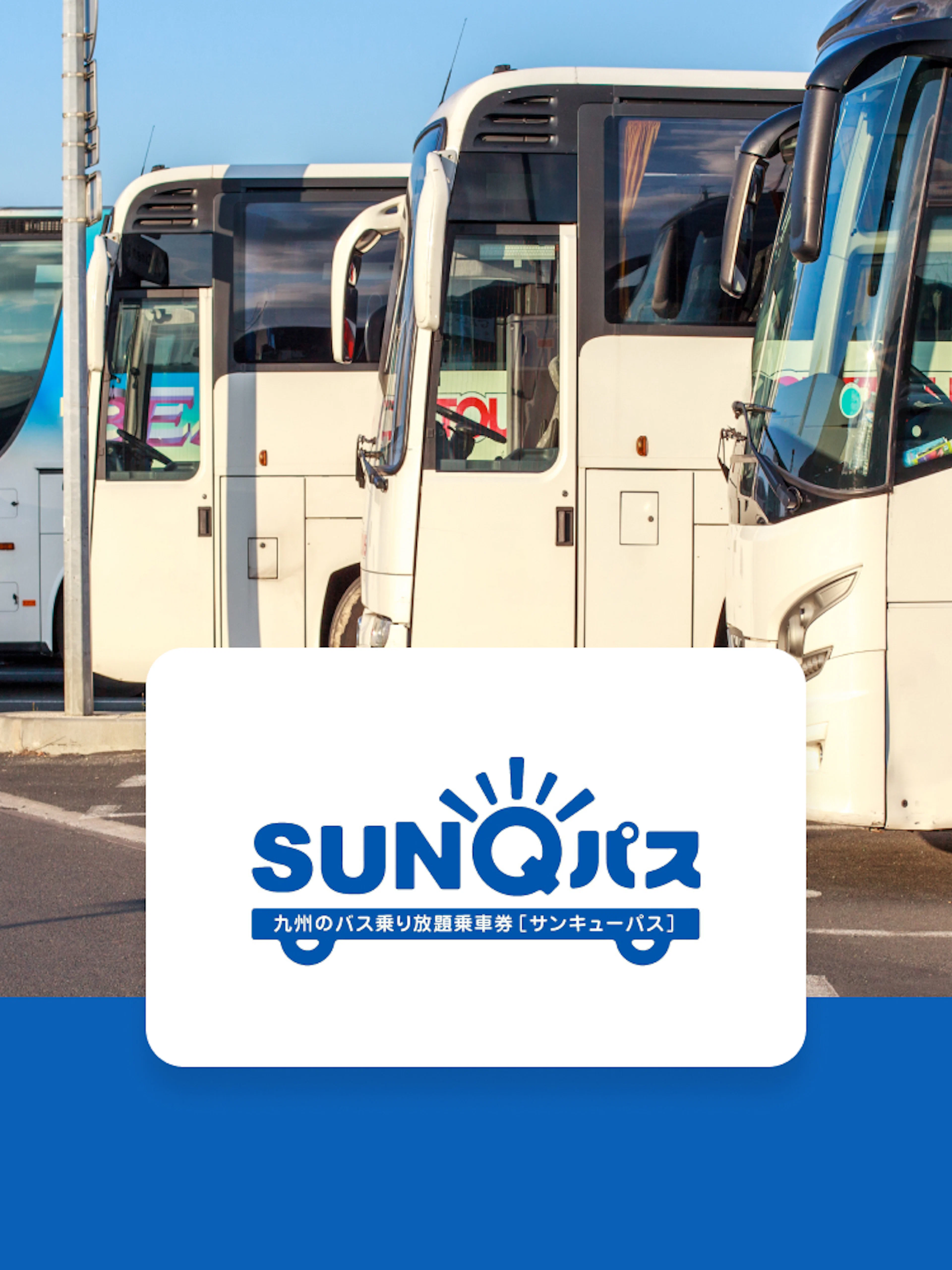 Multiple buses parked at a station with SunQ Pass signage visible.