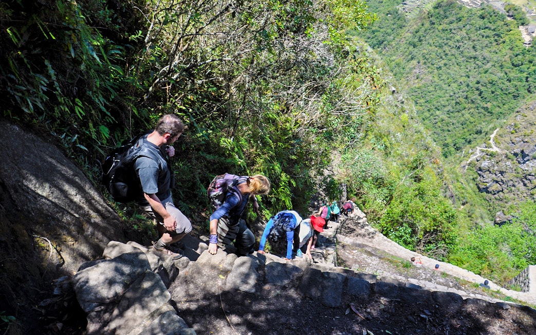 Tourists descending steep steps on Wayna Picchu, Machu Picchu, surrounded by lush greenery.