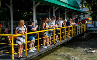 Tourists feeding fish from a pier during the Bangkok Beyond Bicycle Ride.