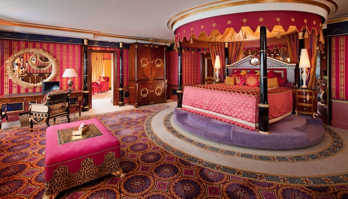 Burj Al Arab's luxurious suite interior with opulent decor, Dubai, IBAA tour.