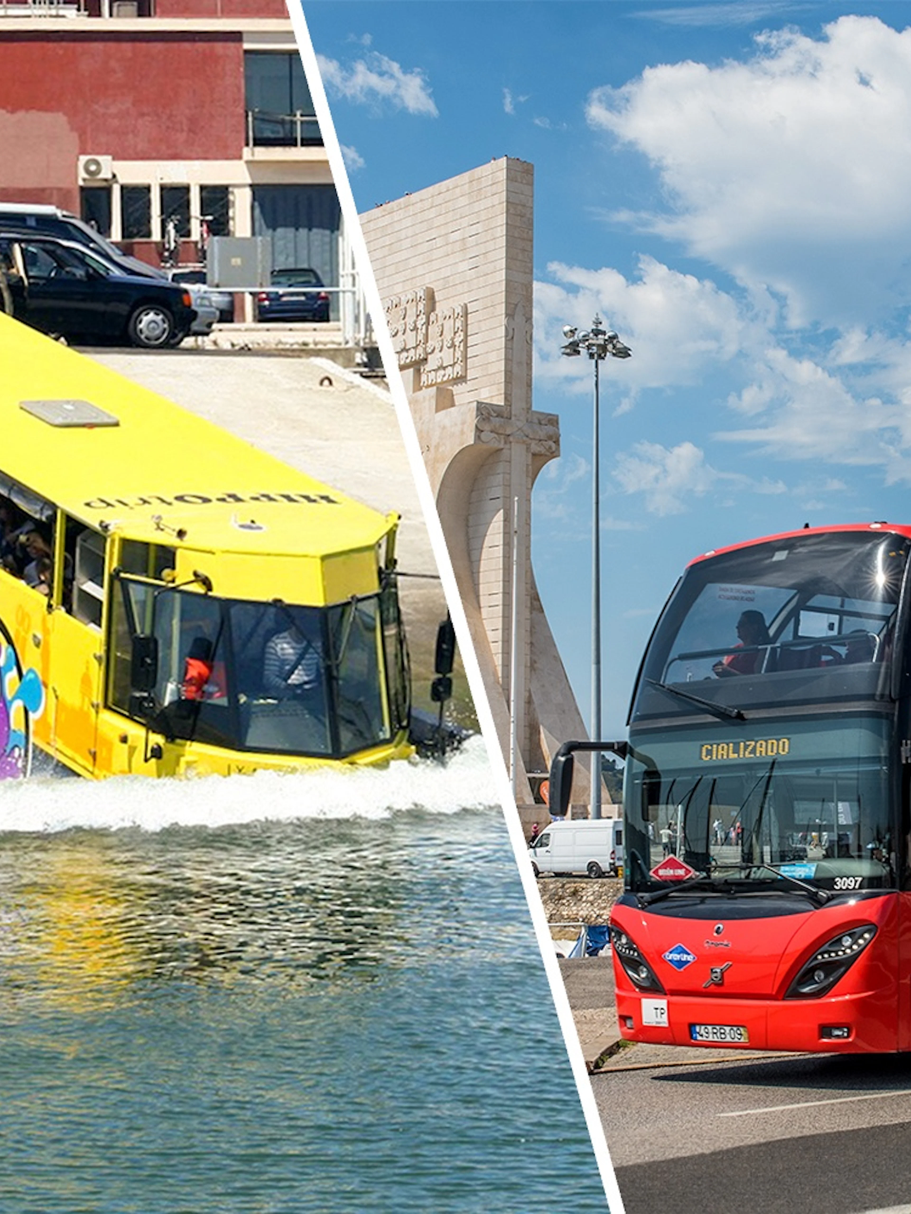 Amphibious tour bus entering water during Lisbon sightseeing tour.